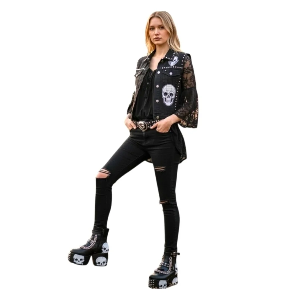 Dolls Kill x Lamoda Platform Skull Chain Spike Ankle Boots Vegan Leather Goth